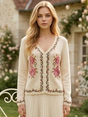 Cream Floral V-Neck Sweater with Pink Rose Embroidery